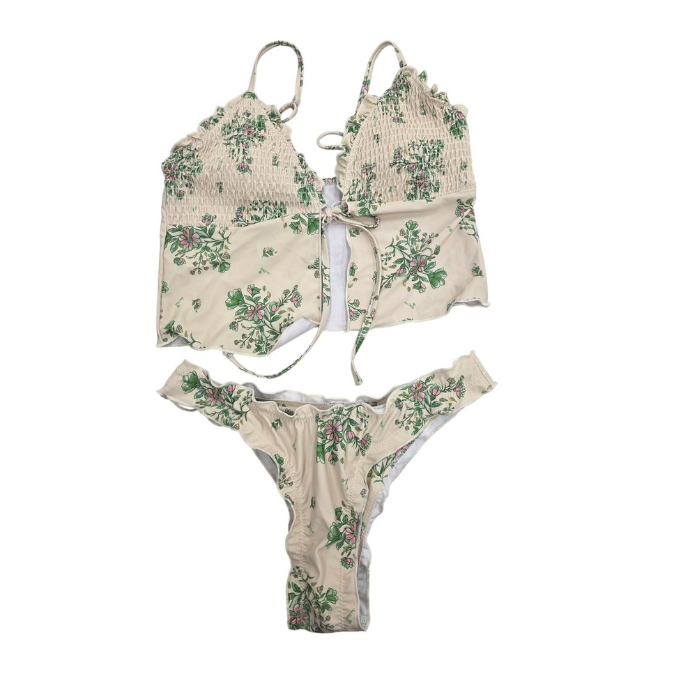 SeaMolly Floral Smocked Tankini Bikini Set Cream Green Pink Ruffle Two Piece